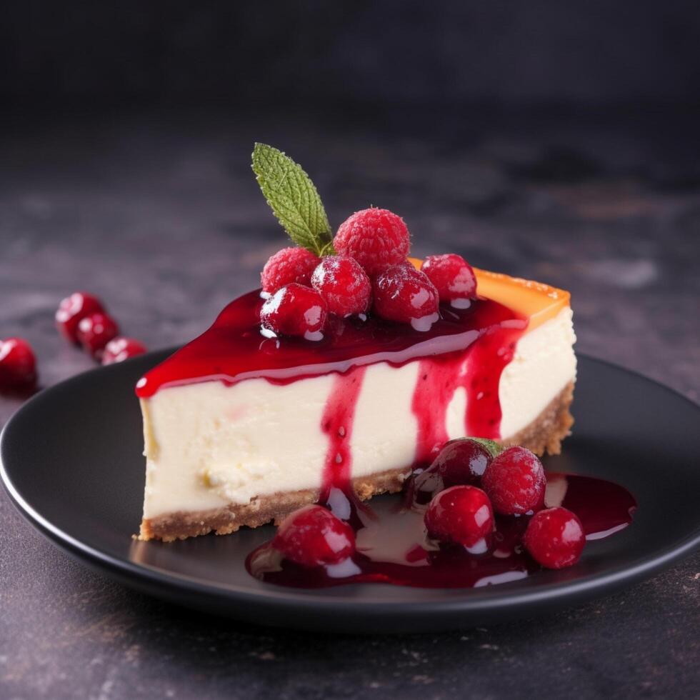 cremoso torta di formaggio con rosso frutti di bosco ai generato foto