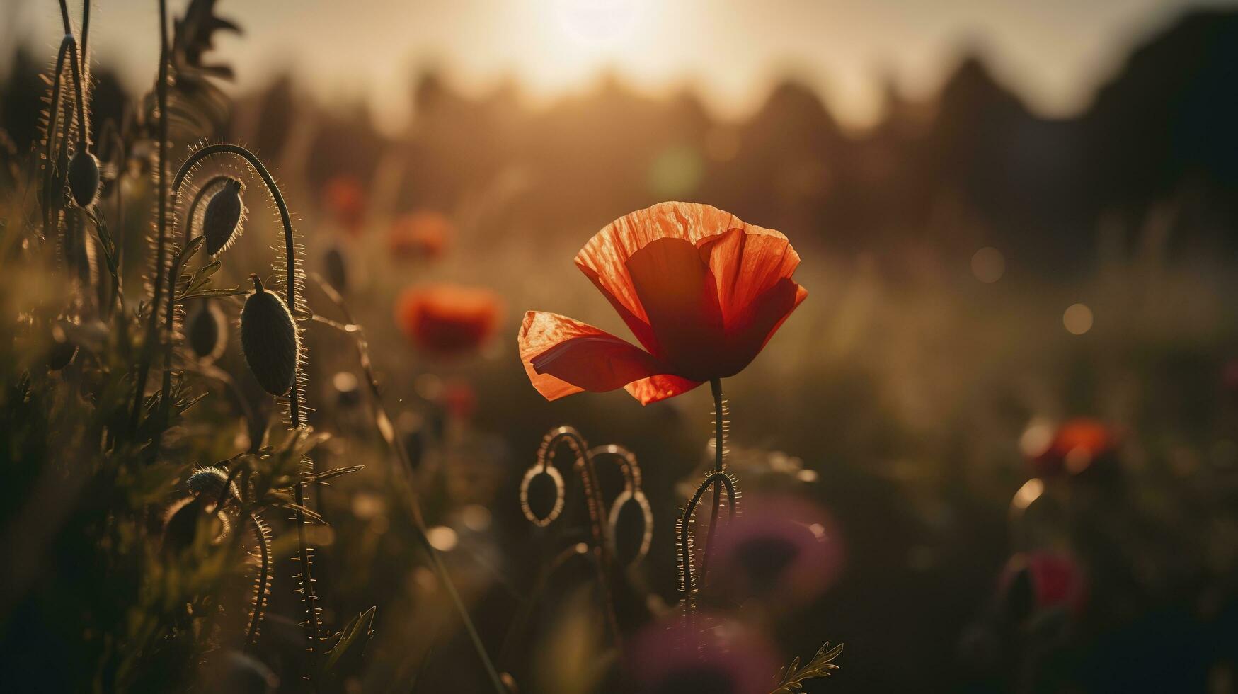 un' sbalorditivo foto cattura il d'oro ora nel un' campo di radiante rosso papaveri, simboleggiante il bellezza, resilienza, e forza di natura, creare ai