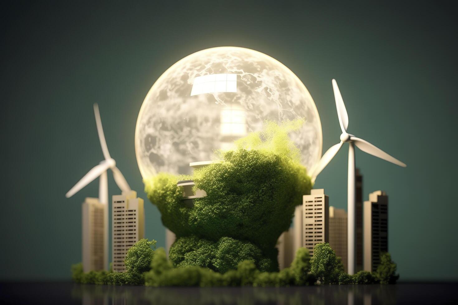 energia consumo e co2 gas emissioni siamo crescente leggero bulbi con verde eco città, rinnovabile energia di 2050 carbonio neutro energia, Salva energia creativo idea concetto, generativo ai. foto