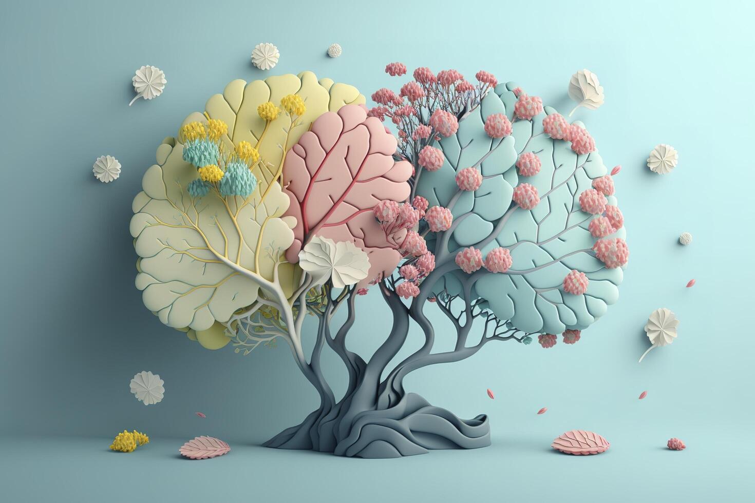 umano cervello albero con fiori, se stesso cura e mentale Salute concetto, positivo pensiero, creativo mente, generativo ai foto