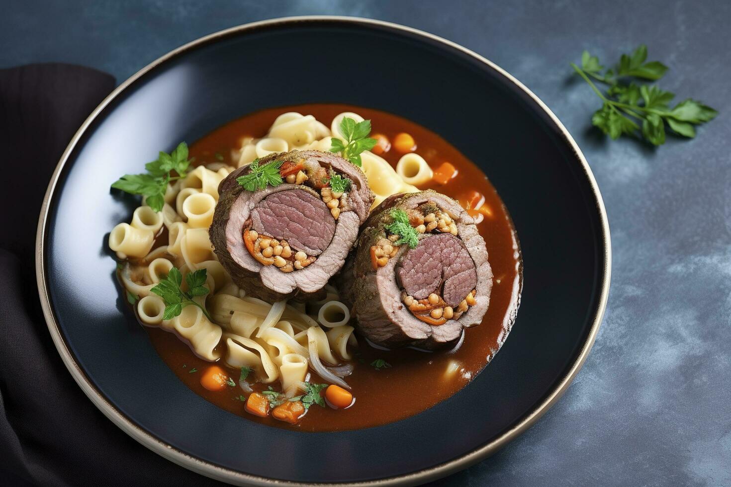 tradizionale lento cucinato Tedesco wagyu Manzo involtini con gnocchetti sardo tagliatelle nel un' speziato sugo come un' superiore Visualizza su un' nordico design piatto con copia spazio su il Giusto, creare ai foto