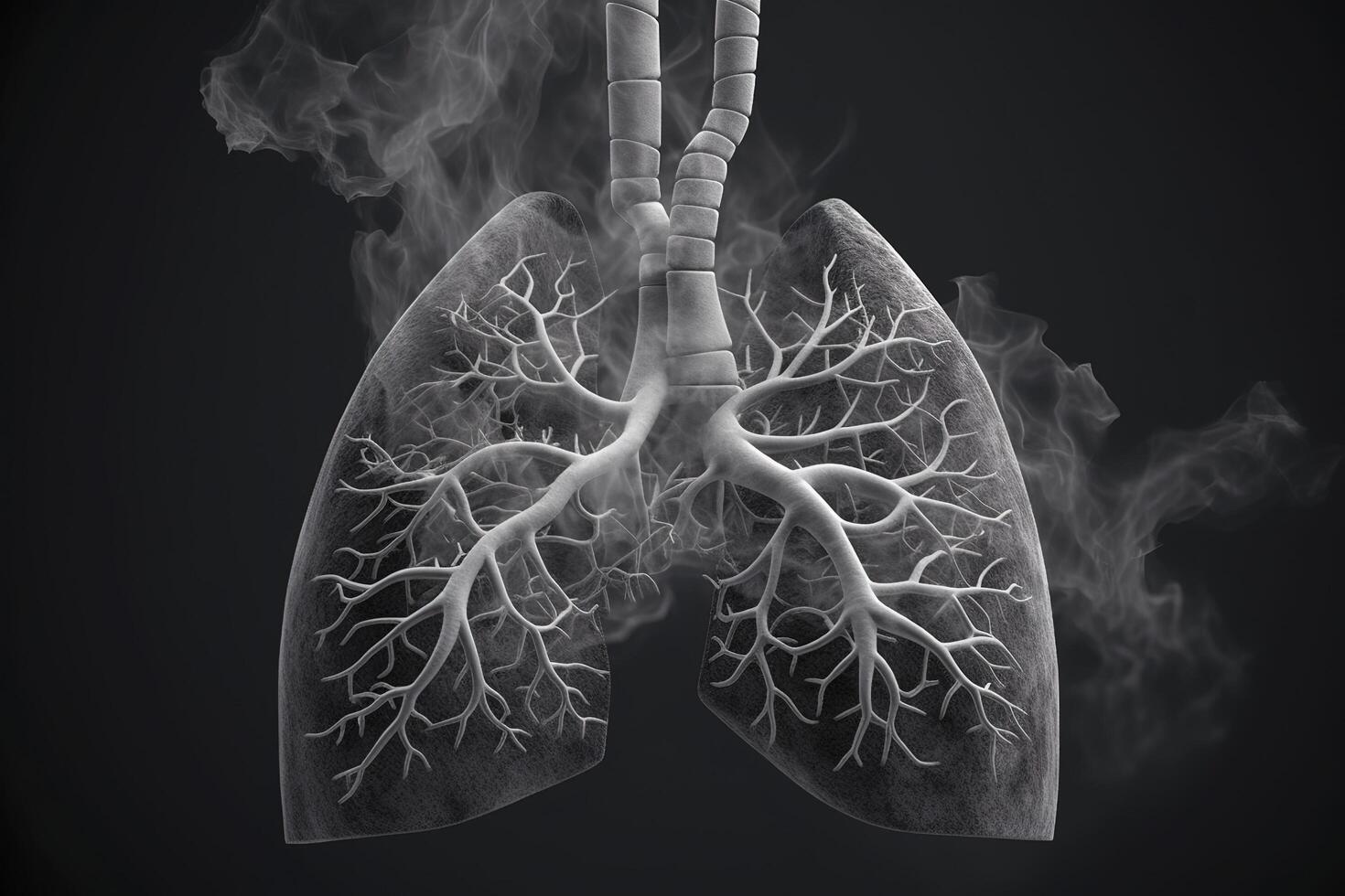 umano polmoni con Fumo, polmone malattia a partire dal fumare, pm 2.5 e aria inquinamento, umano polmone modello malattia, polmone cancro, e polmone patologia, generativo ai foto