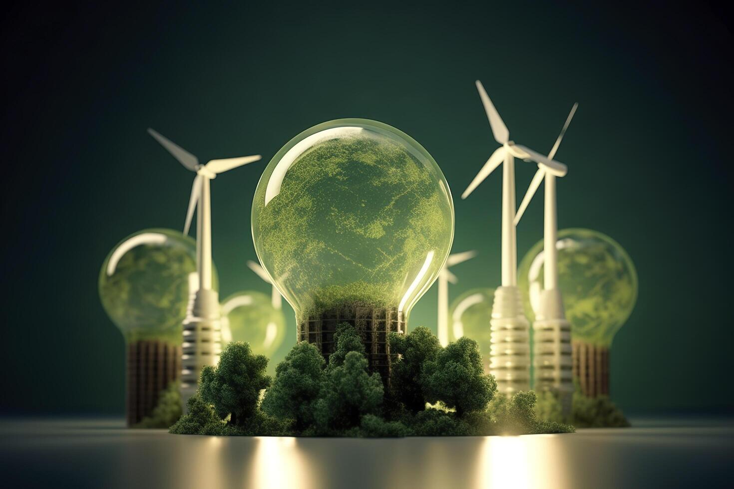 energia consumo e co2 gas emissioni siamo crescente leggero bulbi con verde eco città, rinnovabile energia di 2050 carbonio neutro energia, Salva energia creativo idea concetto, generativo ai. foto