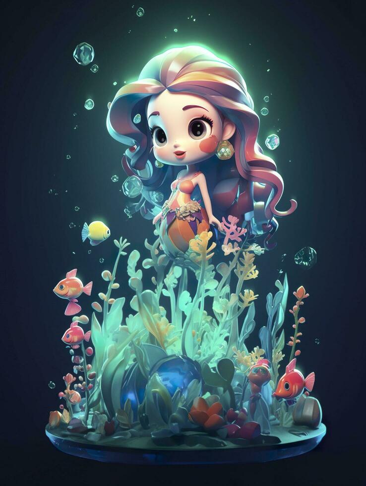 molto carino oceano elemento folletto ragazza con lungo capelli su subacqueo mondo, pendenza colore, raggiante trasparente corallo e fiori, in crescita verso l'alto, creare ai foto