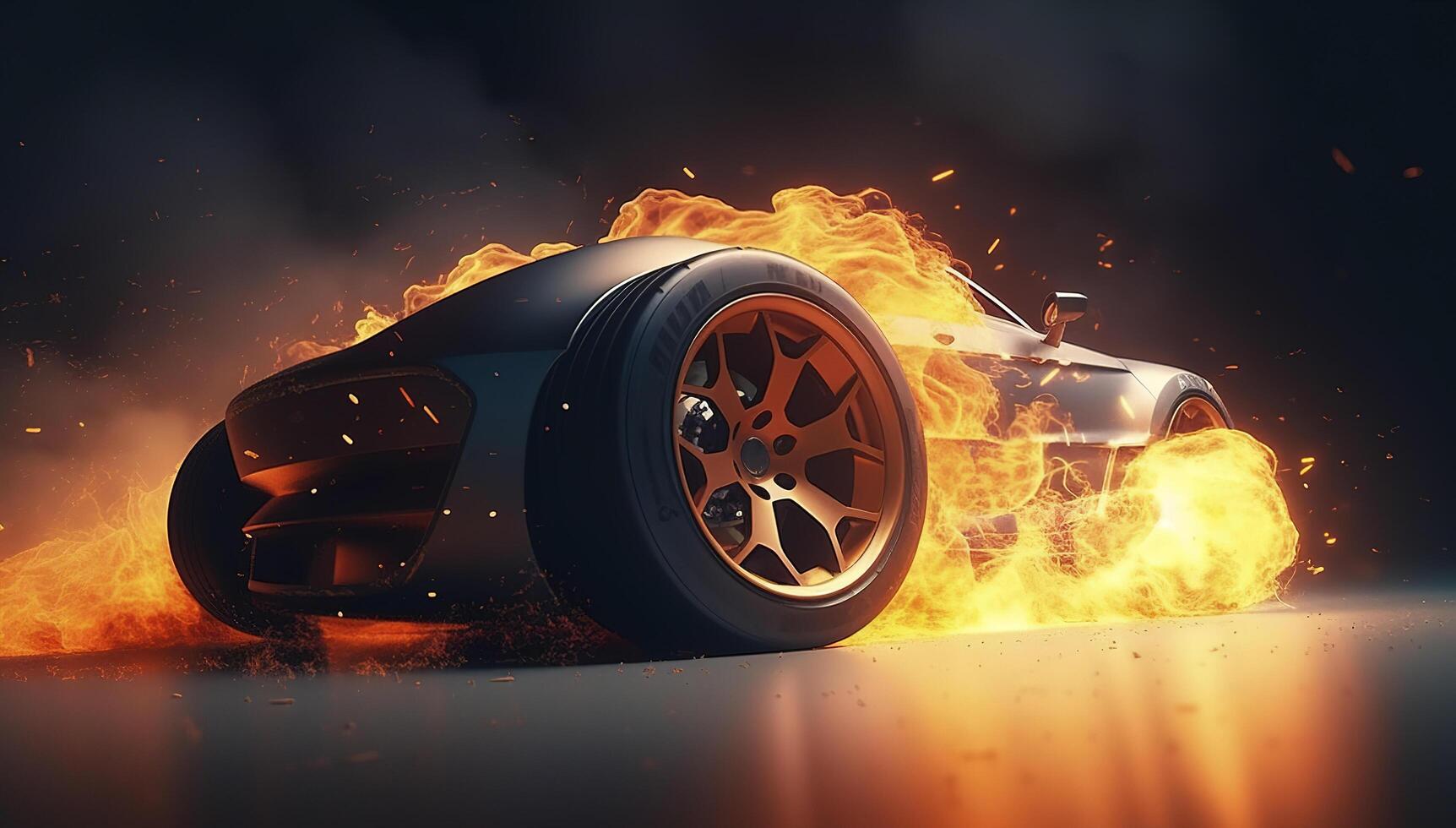 3d rendering, gli sport auto da corsa su gara traccia con il fuoco bruciando, auto ruota alla deriva, generativo ai foto