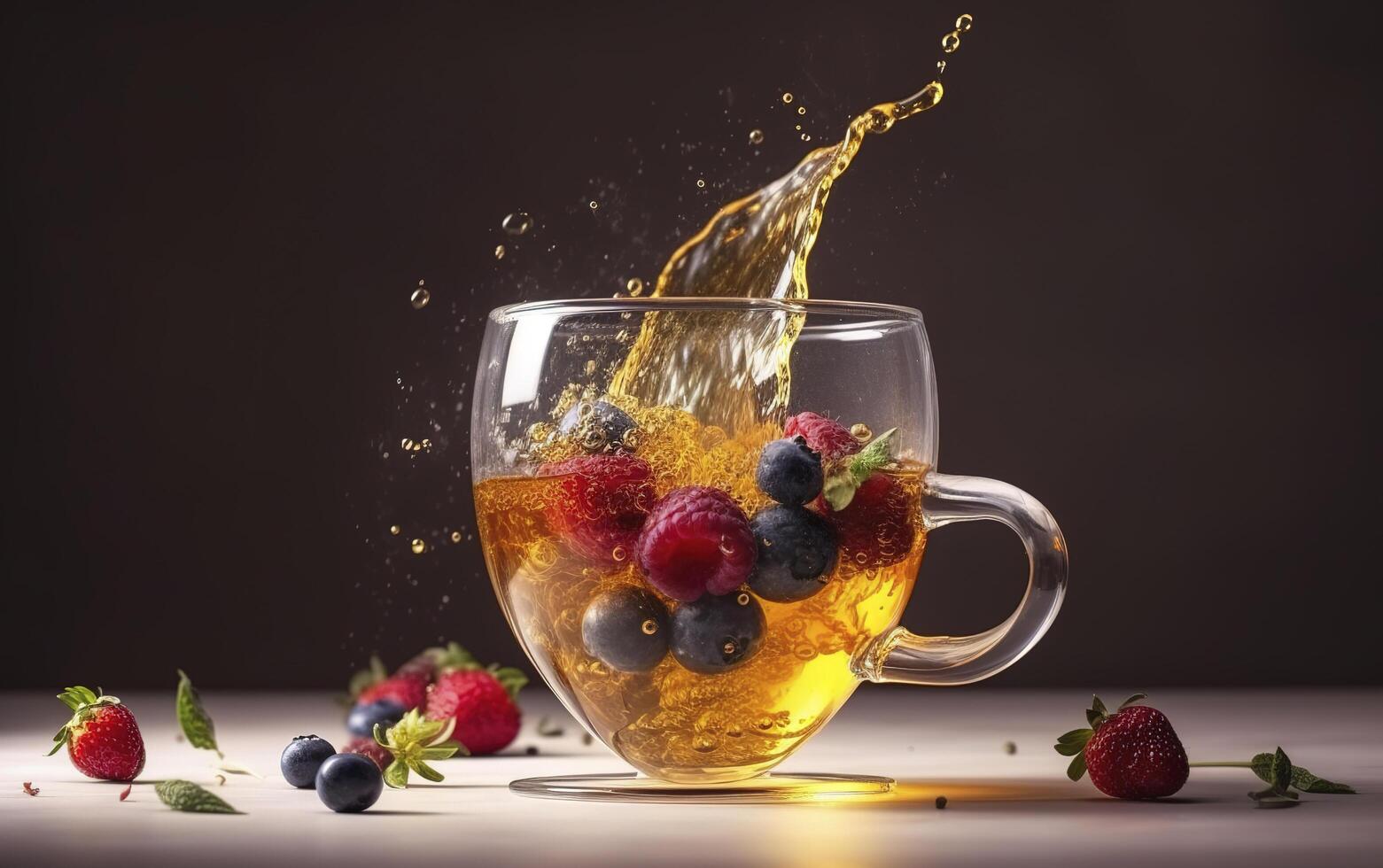 Magia tè concetto, levitante effetto. volante ingredienti per erbaceo tè con miele e frutti di bosco. tè nel trasparente bicchiere tè tazza, levitazione. ai generato Immagine foto