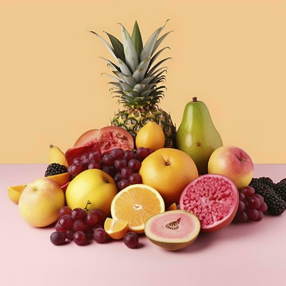 molti diverso fresco frutta su leggero rosa sfondo, creare ai foto