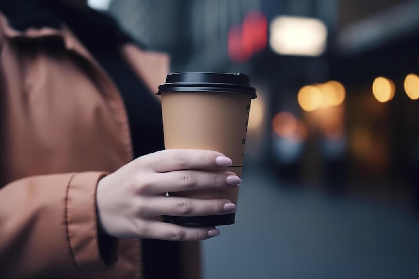 femmina mano con carta tazza di caffè prendere lontano. donna Tenere per partire prendere su caffè tazza, sfocato città strada su sfondo. ai generato Immagine. foto