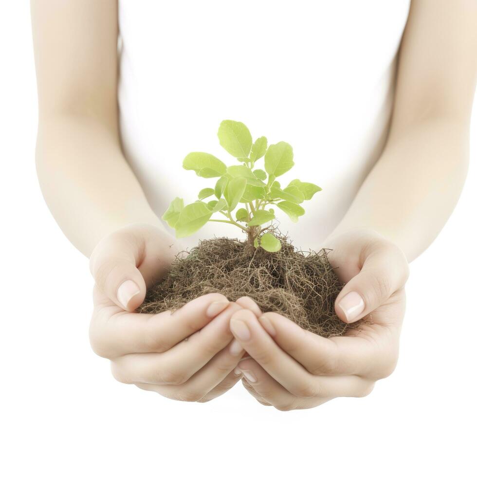 ambiente terra giorno nel il albero pianta nel donna mano isolato su bianca sfondo. foresta conservazione concetto, concetto eco terra giorno. Salvataggio il ambiente, ecologia concetto, creare ai foto