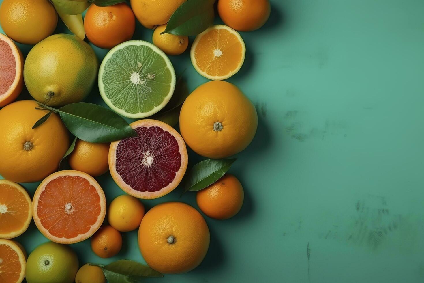 agrume Paradiso concetto. superiore Visualizza di succoso arance, limoni, Limes e Pompelmi su turchese sfondo con vuoto spazio per promozionale testo, creare ai foto