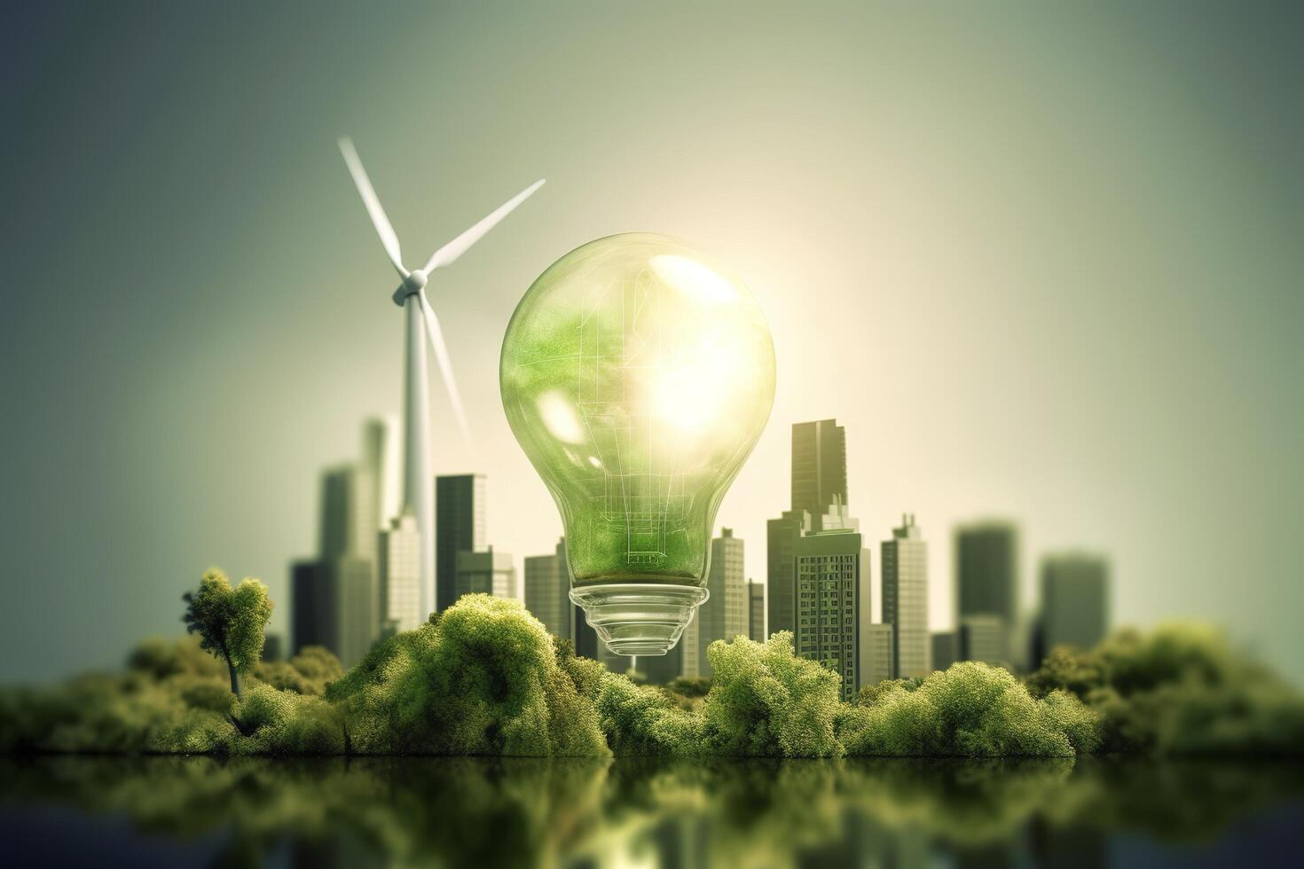 energia consumo e co2 gas emissioni siamo crescente leggero bulbi con verde eco città, rinnovabile energia di 2050 carbonio neutro energia, Salva energia creativo idea concetto, generativo ai. foto