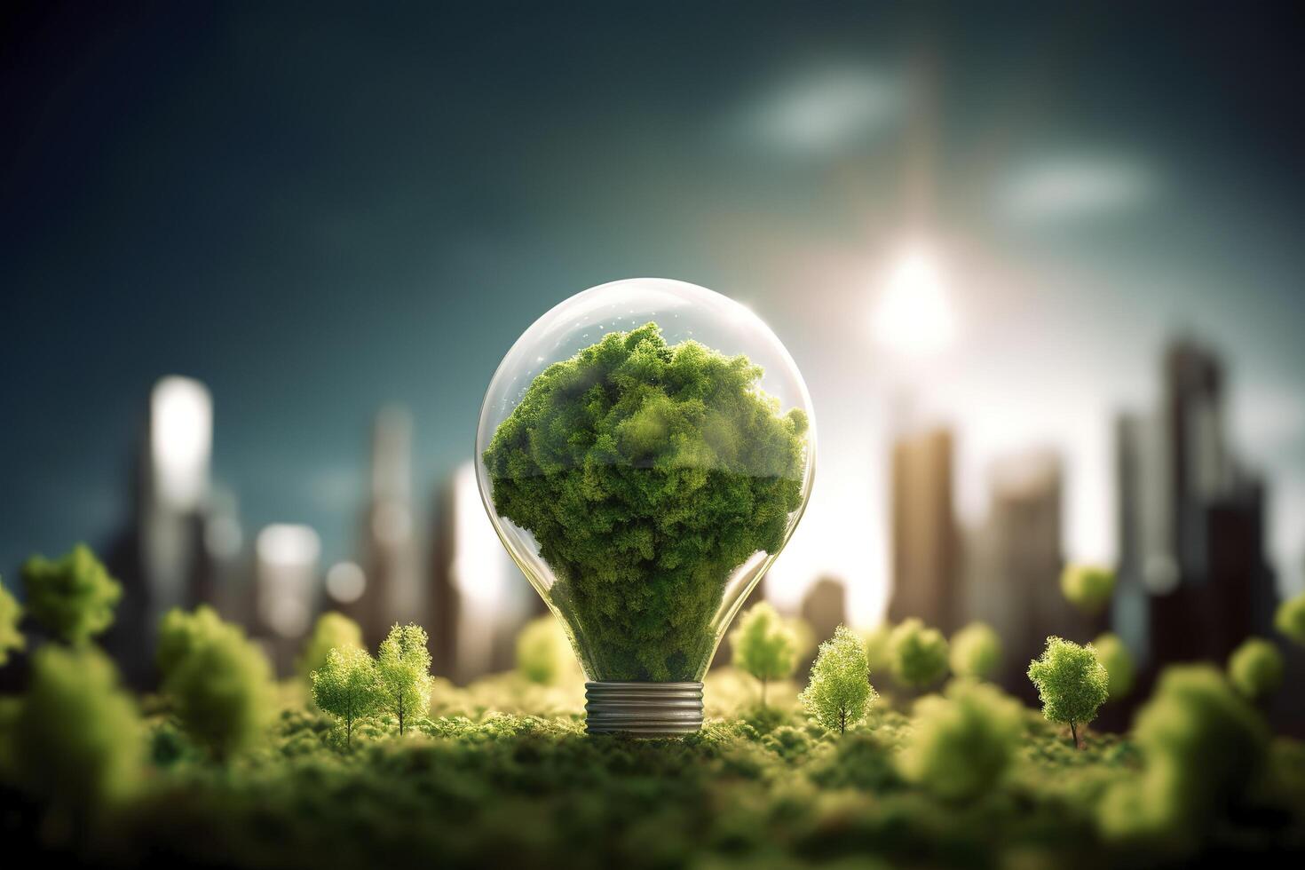 energia consumo e co2 gas emissioni siamo crescente leggero bulbi con verde eco città, rinnovabile energia di 2050 carbonio neutro energia, Salva energia creativo idea concetto, generativo ai. foto