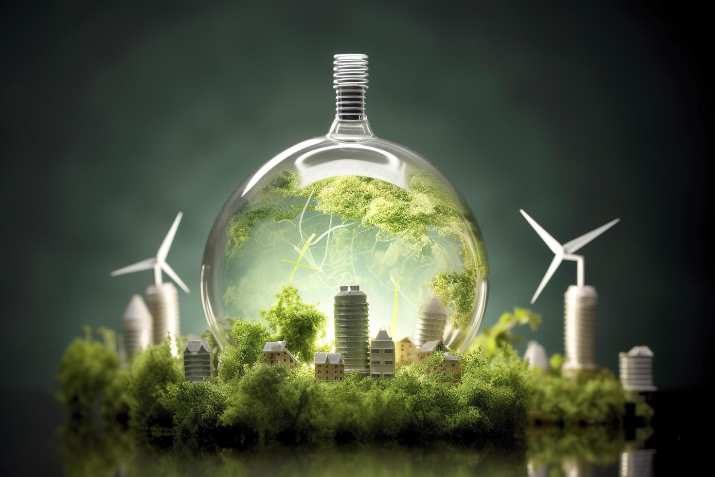 energia consumo e co2 gas emissioni siamo crescente leggero bulbi con verde eco città, rinnovabile energia di 2050 carbonio neutro energia, Salva energia creativo idea concetto, generativo ai. foto