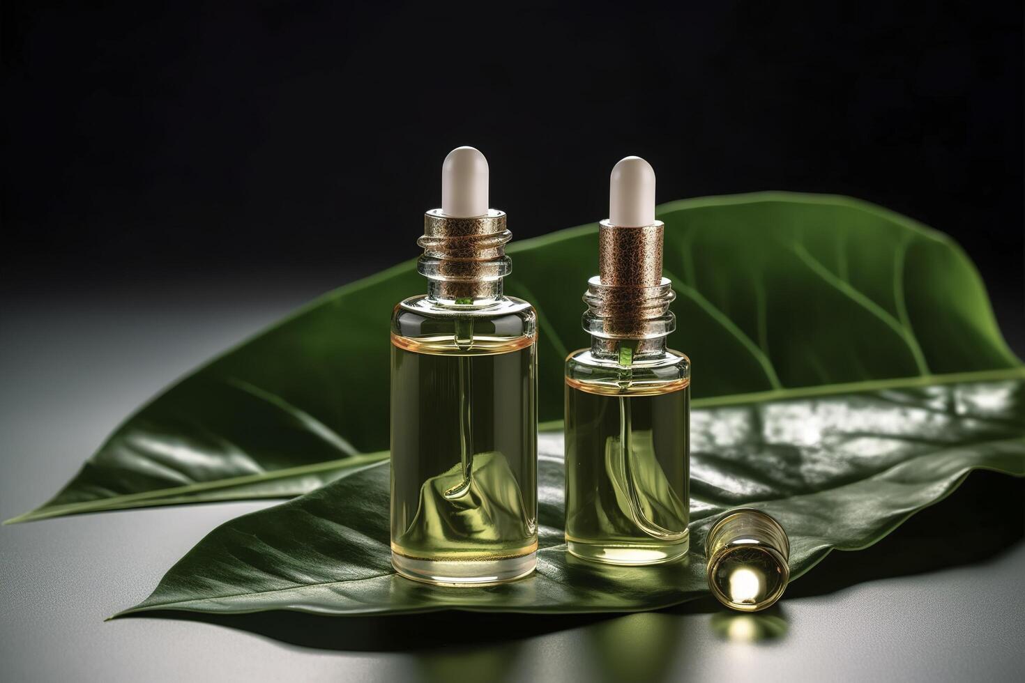 cosmetico siero nel un' bicchiere bottiglie con un' pipetta su un' buio sfondo con verde le foglie su un' buio sfondo. pelle cura siero, essenziale oli, terme e benessere. naturale cosmetico. ai generato. foto