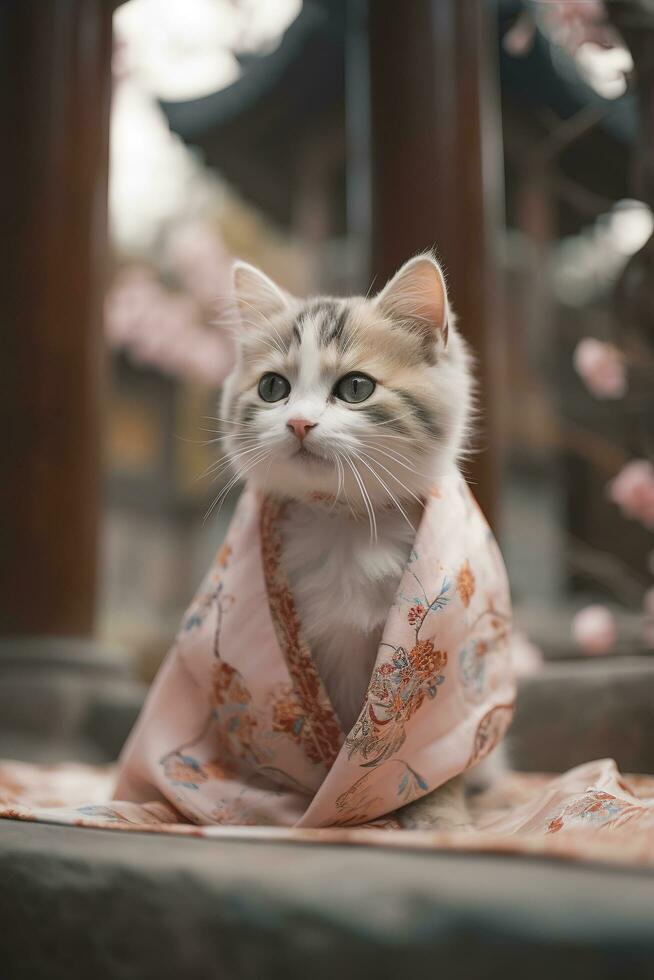un' carino miniatura gattino nel un' bellissima Cinese vestire, scialle nozze vestire, chiffon Materiale, pavimento - lunghezza gonna con ricamo e laceg, creare ai foto