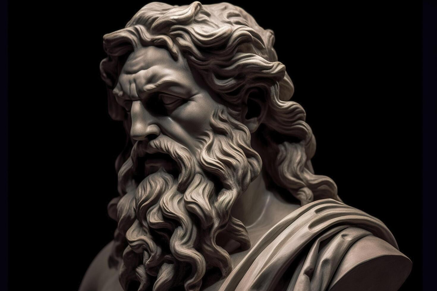 testa di greco Dio scultura, statua di un' uomo con lungo barba su buio sfondo. ai generato Immagine. foto