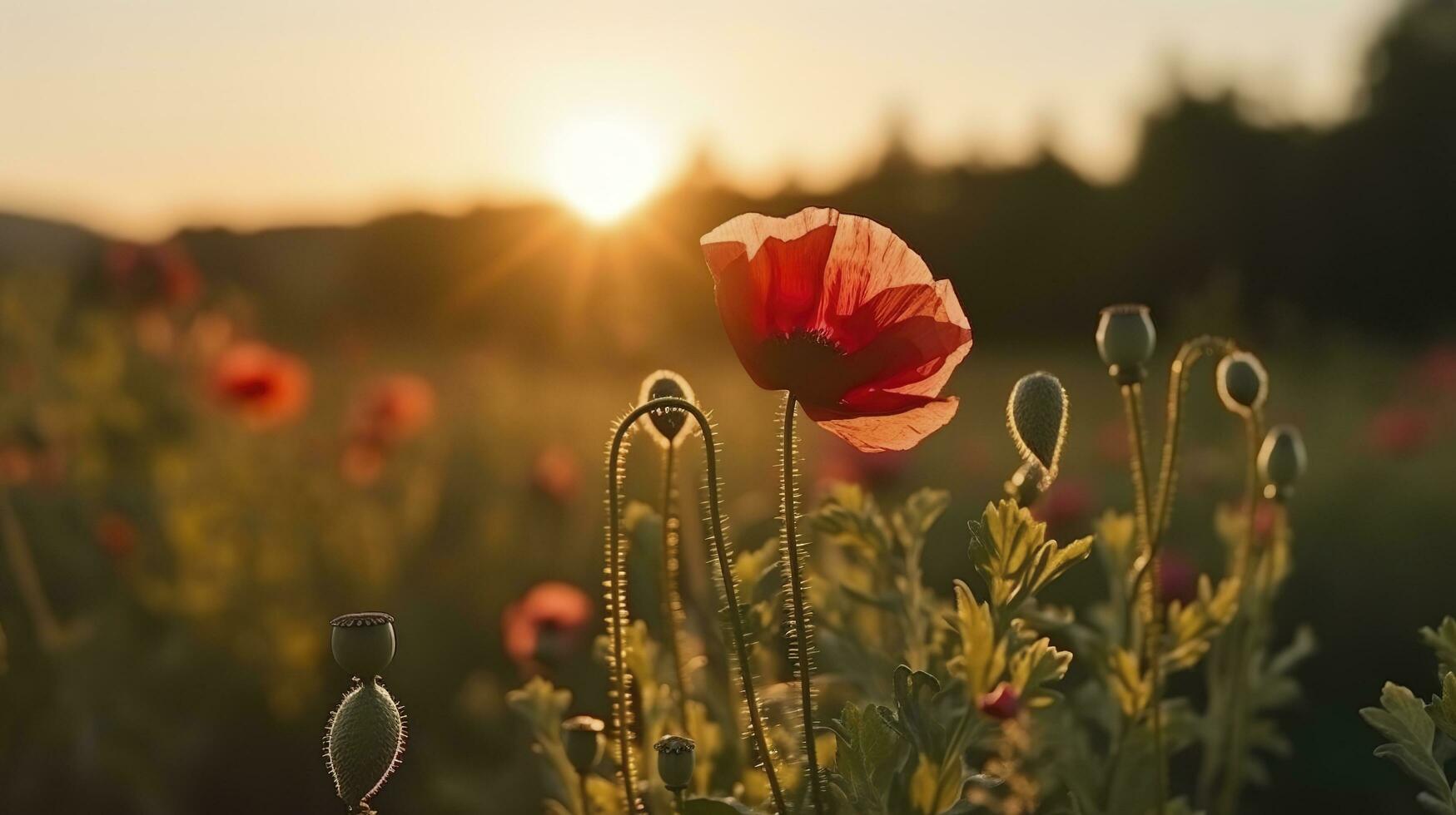 un' sbalorditivo foto cattura il d'oro ora nel un' campo di radiante rosso papaveri, simboleggiante il bellezza, resilienza, e forza di natura, creare ai