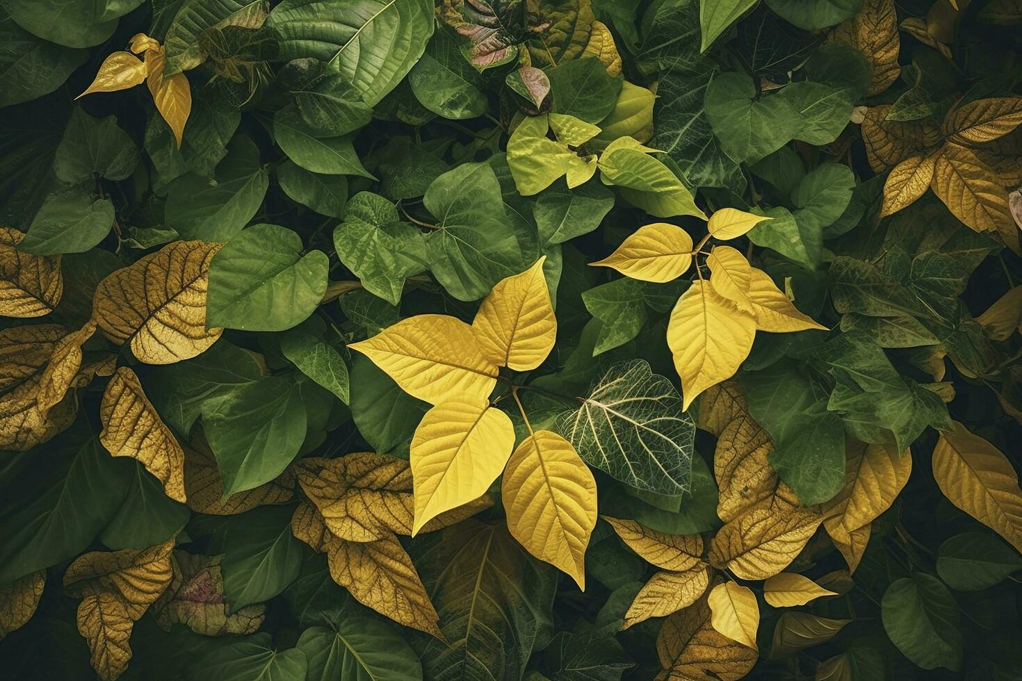 fogliame sfondo con un' varietà di vivace pianta le foglie mostrando un' diverso ecosistema e il biodiversità di natura con unico oro pianta le foglie. terra giorno sfondo. , creare ai foto