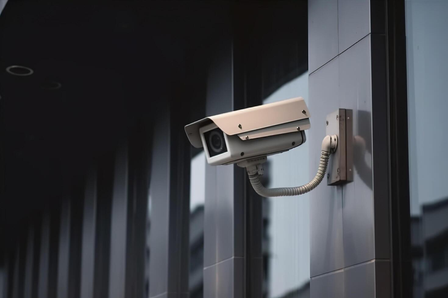 sicurezza telecamera su moderno costruzione. professionale sorveglianza macchine fotografiche. cctv su il parete nel il città. sicurezza sistema, tecnologia. video attrezzatura per sicurezza sistema la zona controllo all'aperto. ai generato. foto