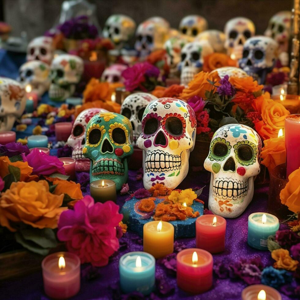 dia de los muertos teschi, fiori candele, carnevale colorato, lotto di fiore nel il sfondo, creare ai foto