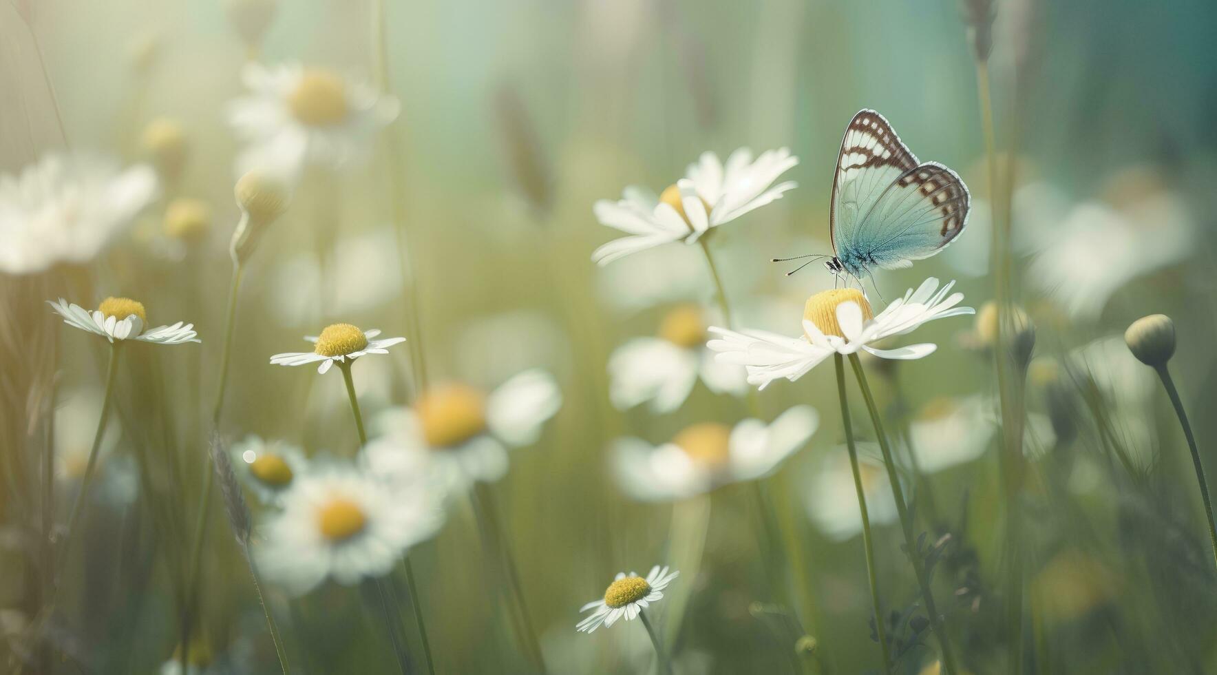 bellissimo e colorato farfalla svolazzanti al di sopra di il delicato bellamy fiori margherite su un' soleggiato estate giorno, creare ai foto