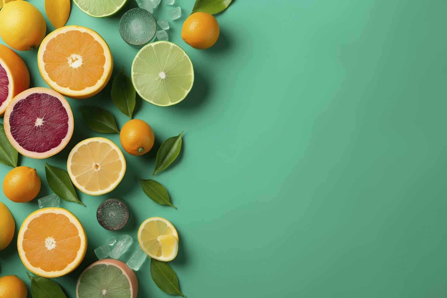 agrume Paradiso concetto. superiore Visualizza di succoso arance, limoni, Limes e Pompelmi su turchese sfondo con vuoto spazio per promozionale testo, creare ai foto