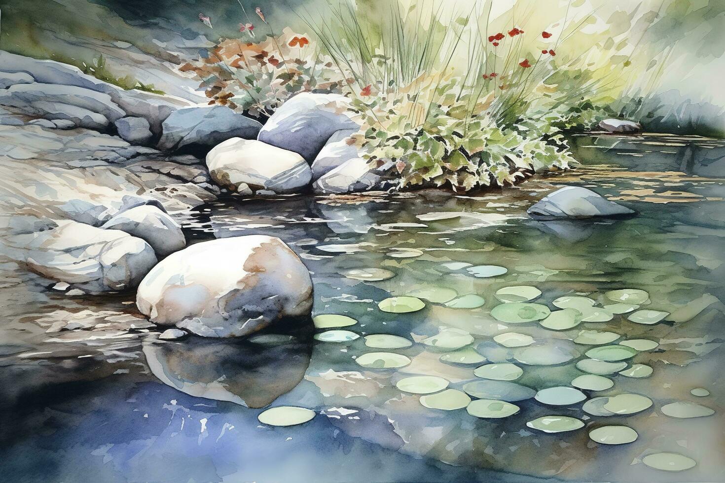 un' acquerello pittura di un' tranquillo, calmo lago o stagno scena, con intricato dettagli di acqua increspature, rocce, e fogliame, creare ai foto