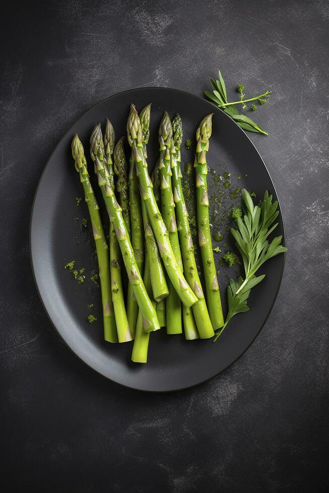 tradizionalmente grigliato verde asparago con erbe aromatiche come un' superiore Visualizza su un' moderno design piatto con copia spazio, creare ai foto