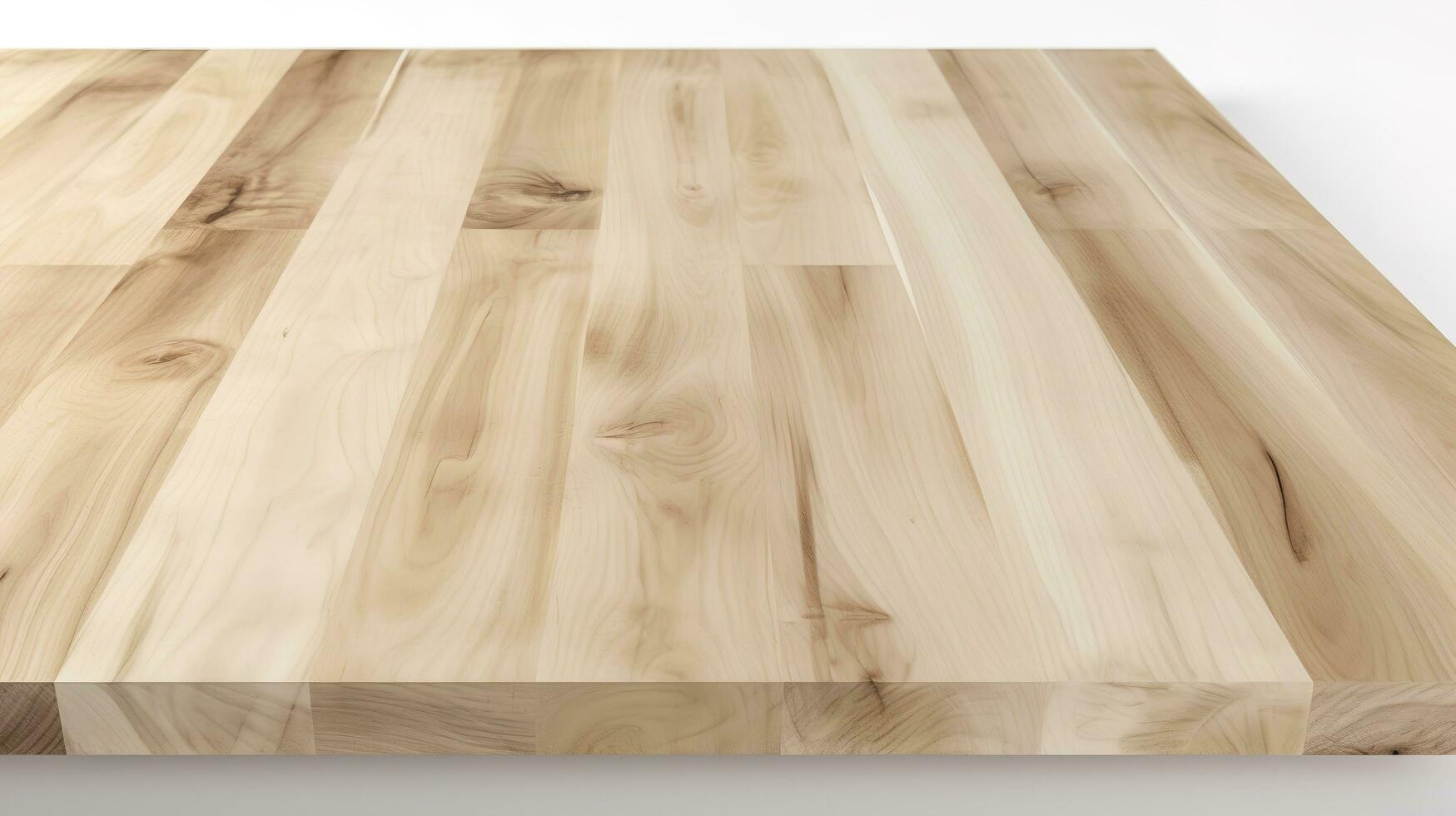 vuoto legna tavolo su isolato bianca sfondo con Schermo montaggio per Prodotto, creare ai foto