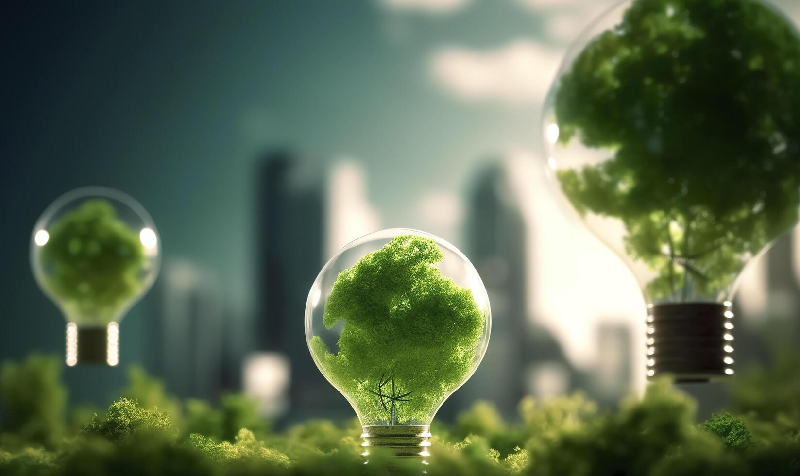 energia consumo e co2 gas emissioni siamo crescente leggero bulbi con verde eco città, rinnovabile energia di 2050 carbonio neutro energia, Salva energia creativo idea concetto, generativo ai. foto