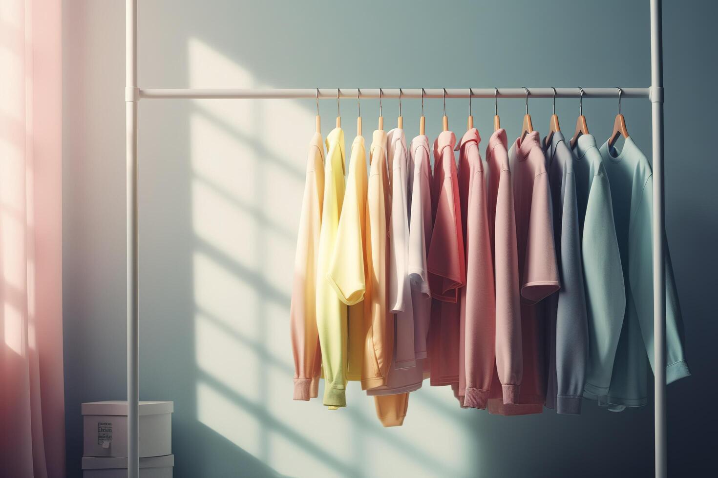 colorato Abiti su capi di abbigliamento cremagliera, pastello colorato guardaroba nel shopping memorizzare o Camera da letto. arcobaleno colore Abiti scelta su grucce, casa armadio concetto. ai generato Immagine foto