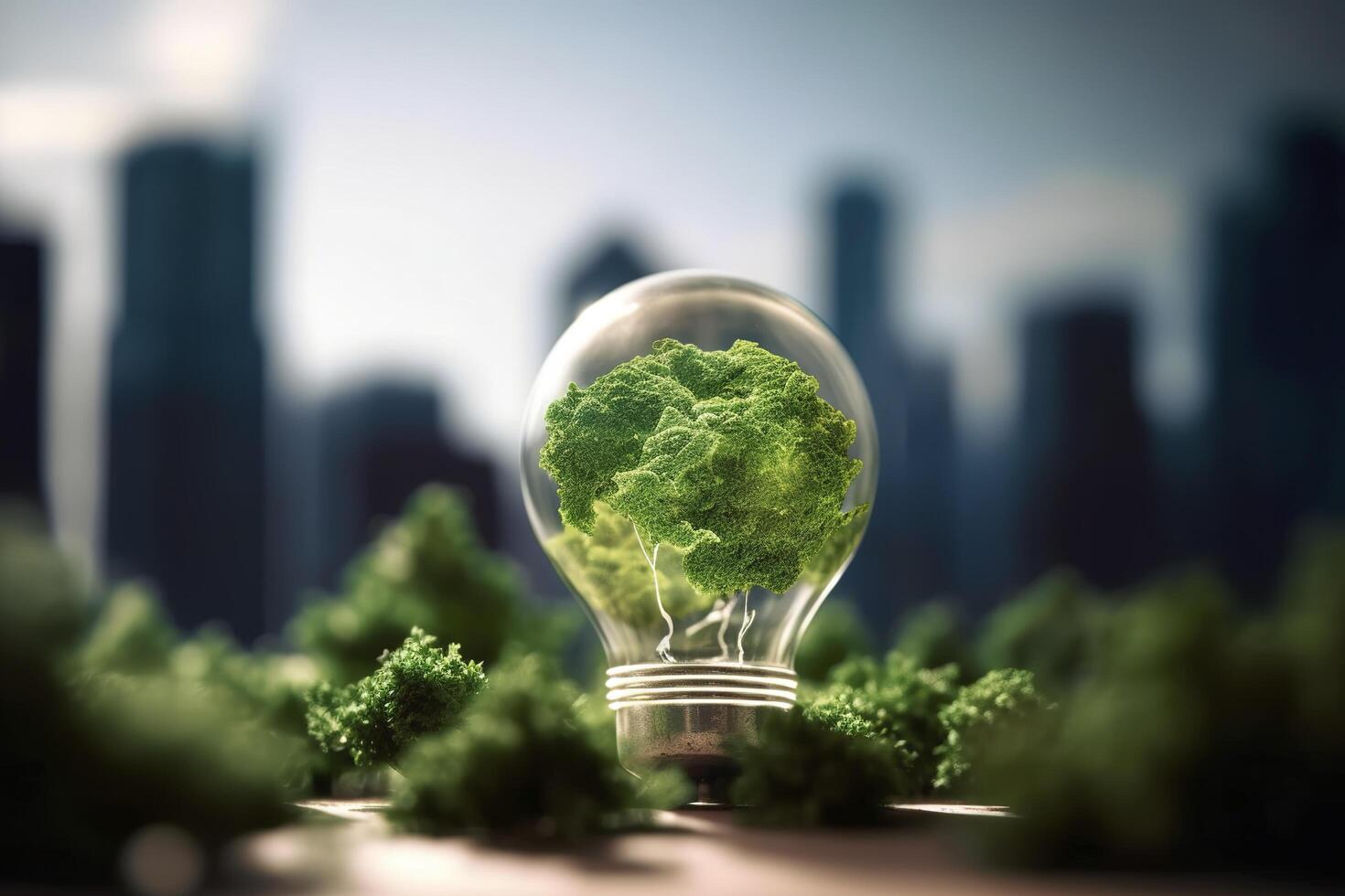 energia consumo e co2 gas emissioni siamo crescente leggero bulbi con verde eco città, rinnovabile energia di 2050 carbonio neutro energia, Salva energia creativo idea concetto, generativo ai. foto