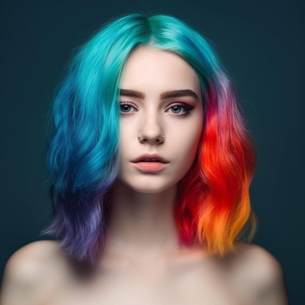 ragazza con arcobaleno capelli su blu sfondo ai generato foto