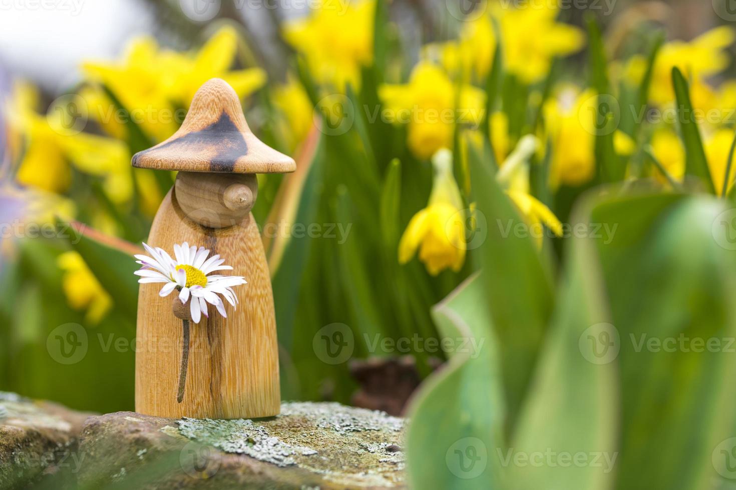 la figura di un elfo di legno con una margherita in mano è in piedi su un'aiuola di fronte a fiori sfocati foto