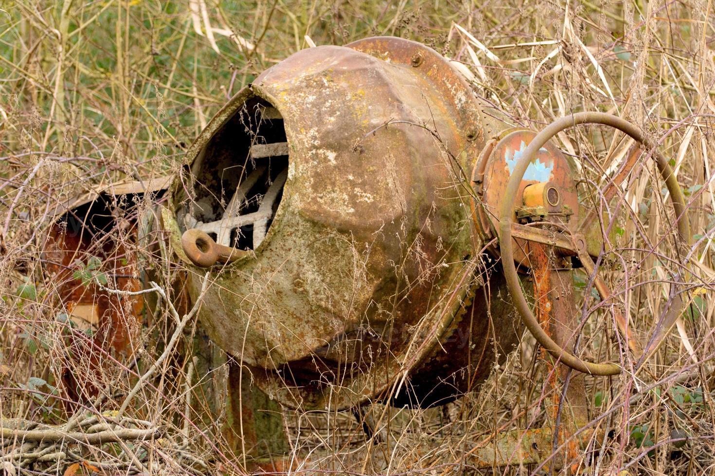 la vecchia betoniera arrugginita è ricoperta da una siepe di spine senza foglie foto