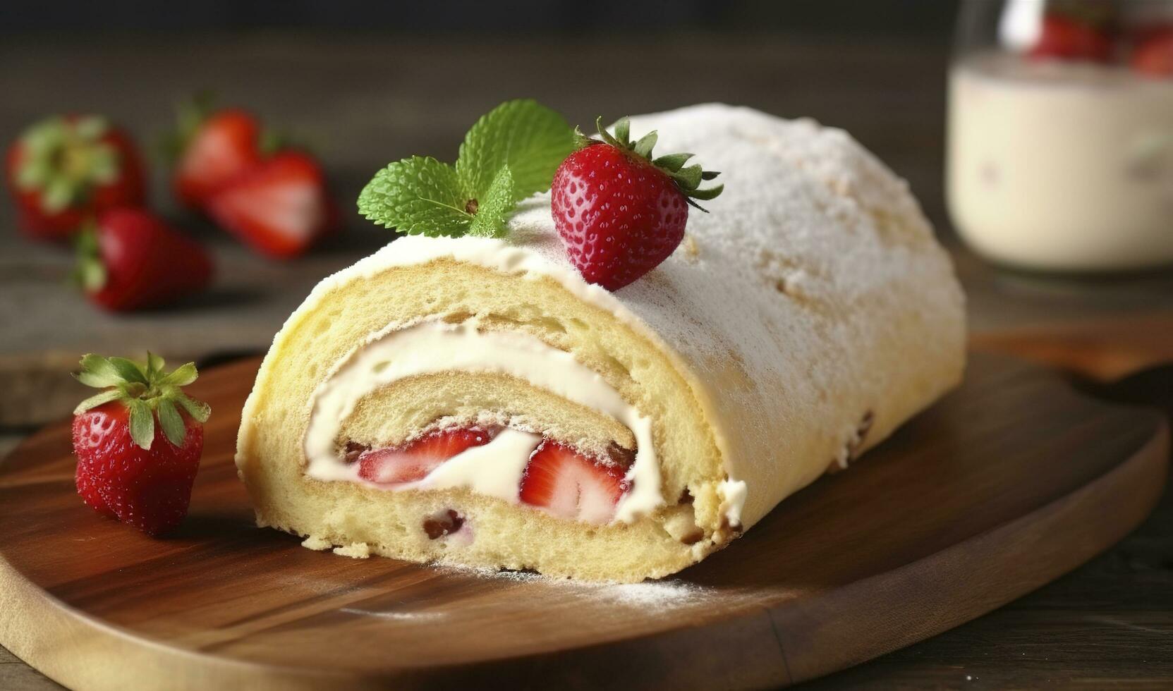 delizioso torta rotolo con fragole e crema su di legno asse, avvicinamento, creare ai foto