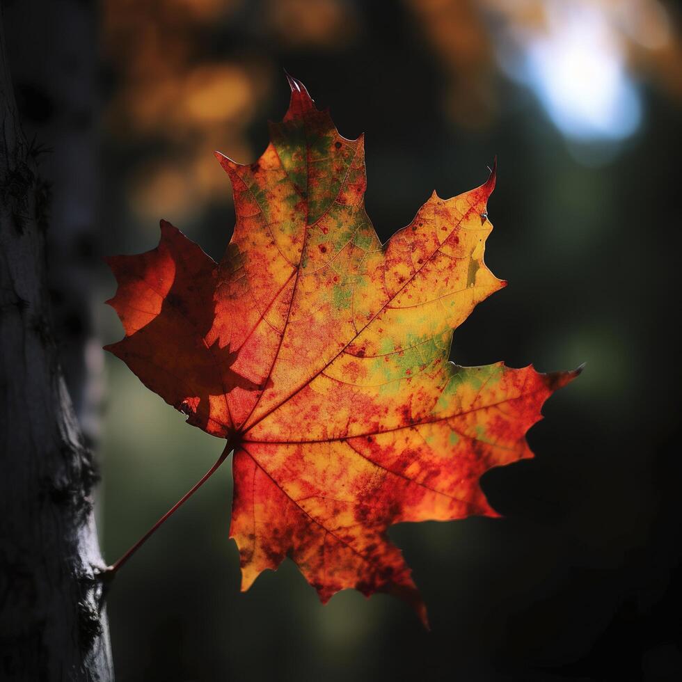 autunno acero le foglie nel un' riga, vivido colori, ai generativo panorama illustrazione su nero sfondo foto