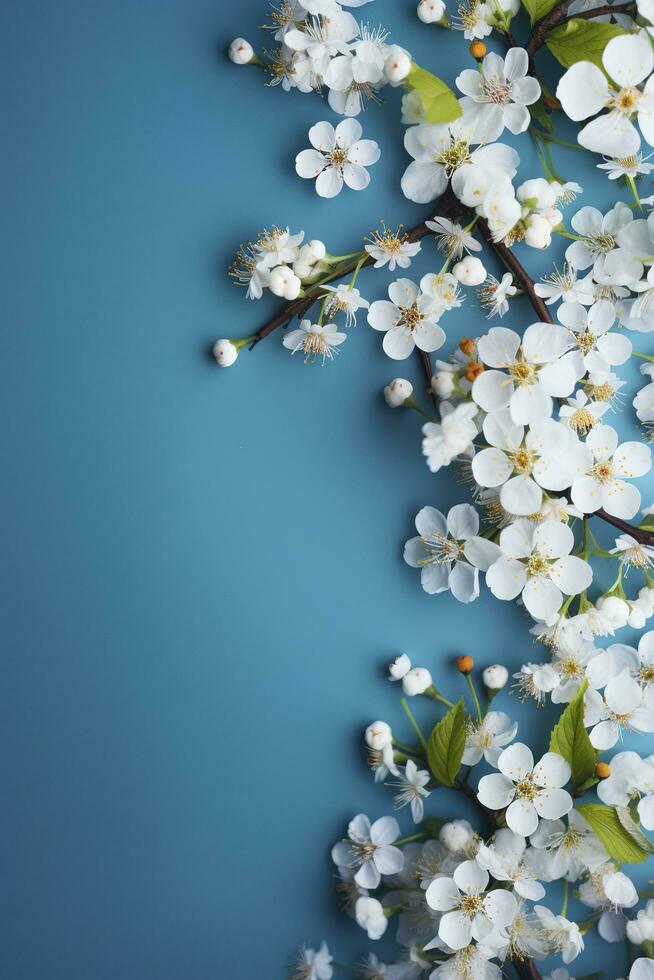 bellissimo primavera confine, fioritura rosa cespuglio su un' blu sfondo. fioritura rosa fianchi contro il blu cielo. morbido selettivo messa a fuoco , creare ai foto