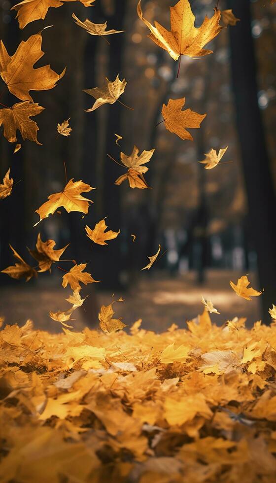 volante autunno acero le foglie su autunno sfondo. caduta foglie, di stagione bandiera con autunno fogliame, creare ai foto