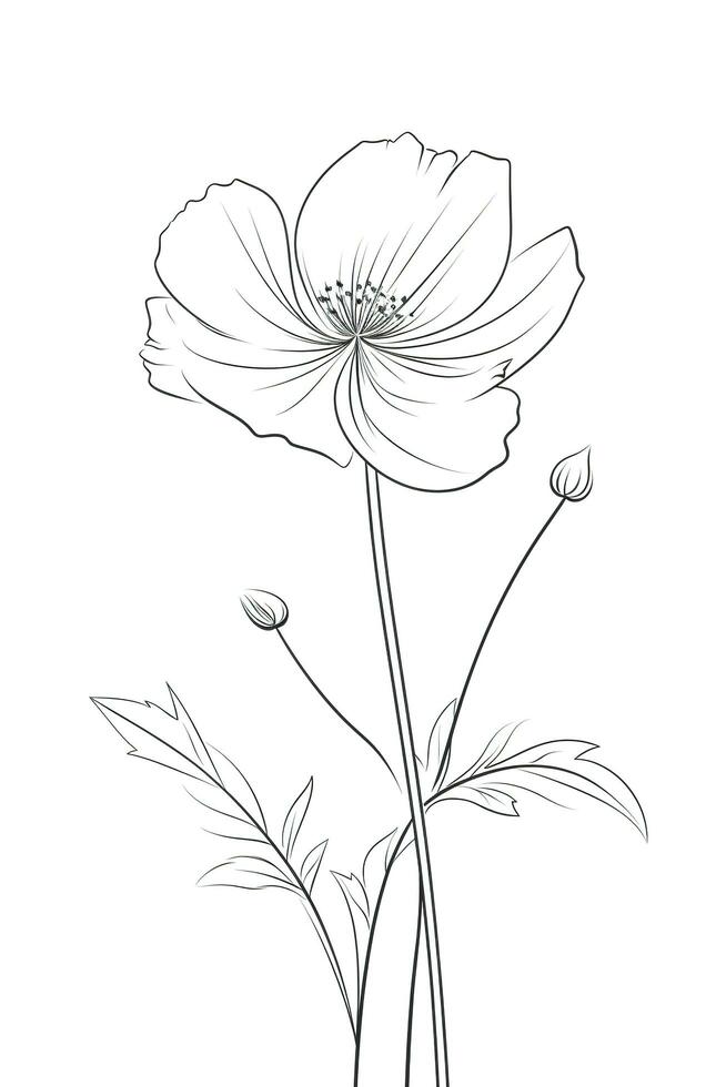 papavero fiori nel continuo linea arte disegno stile. scarabocchio floreale confine con Due fiori fioritura tra erba. minimalista nero lineare design isolato su bianca sfondo, creare ai foto