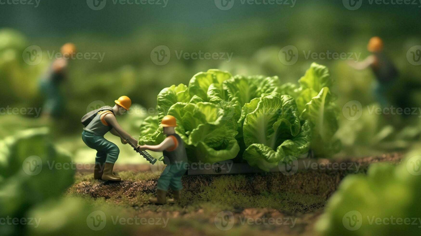 un' miniatura lavoratori Lavorando su lattuga foto