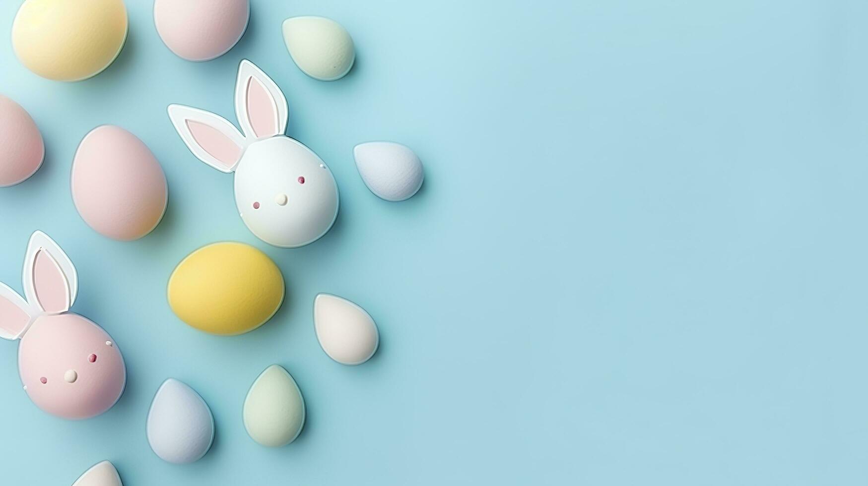 Pasqua festa concetto. superiore Visualizza foto di Pasqua coniglietto orecchie bianca rosa blu e giallo uova su isolato pastello blu sfondo con copia spazio nel il mezzo, creare ai