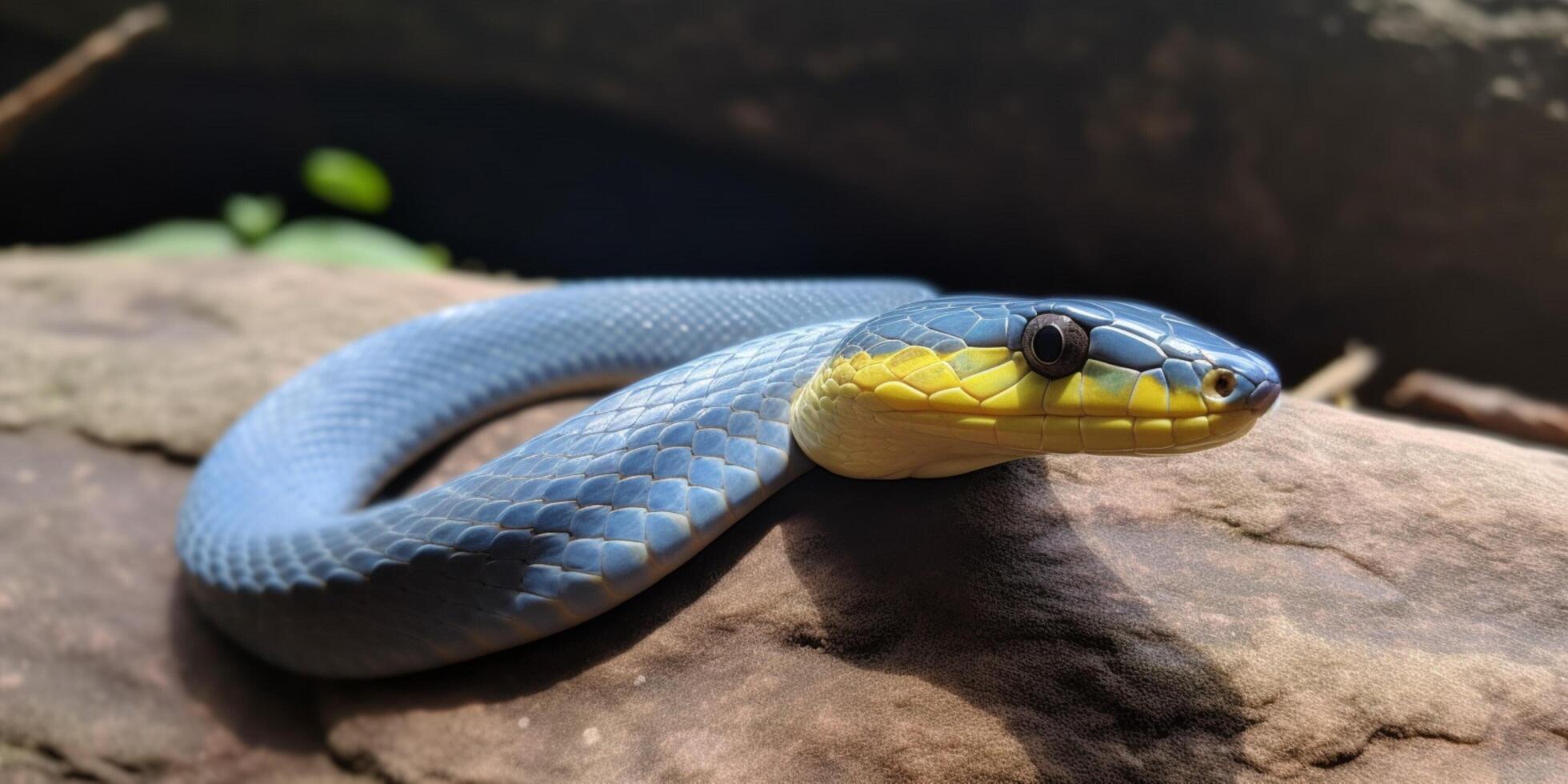 un' serpente con luminosa yelllow occhi e blu corpo ai generato foto