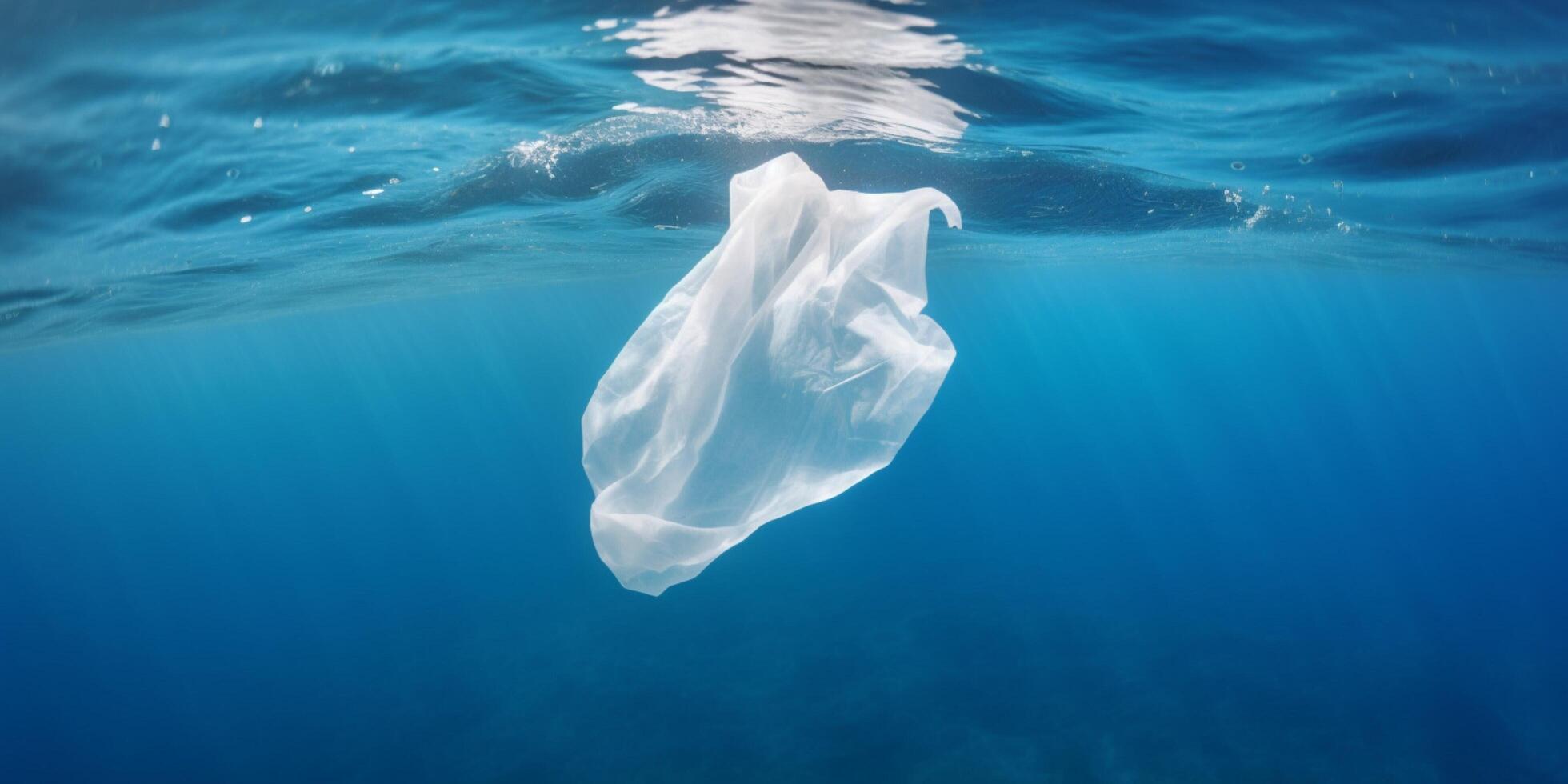 plastica Borsa è galleggiante nel un' oceano ai generato foto