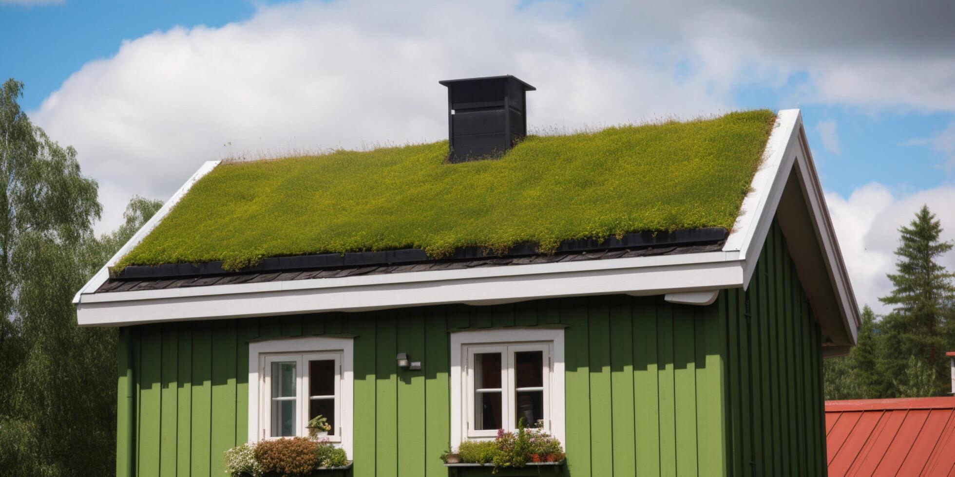 un' piccolo Casa con un' verde tetto e un' finestra ai generato foto