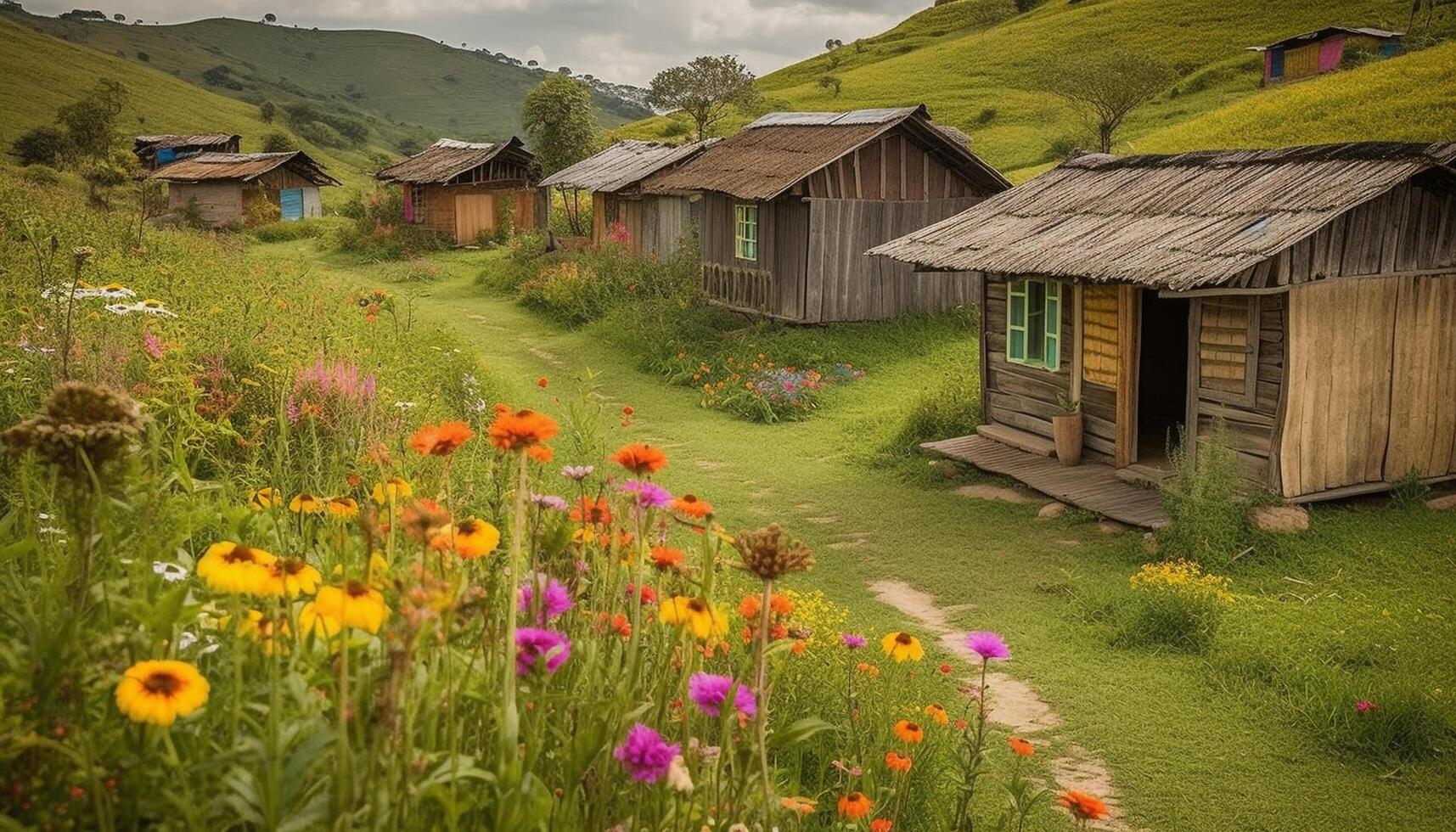 fresco fiori selvatici fioritura su rustico montagna Villetta generato di ai foto