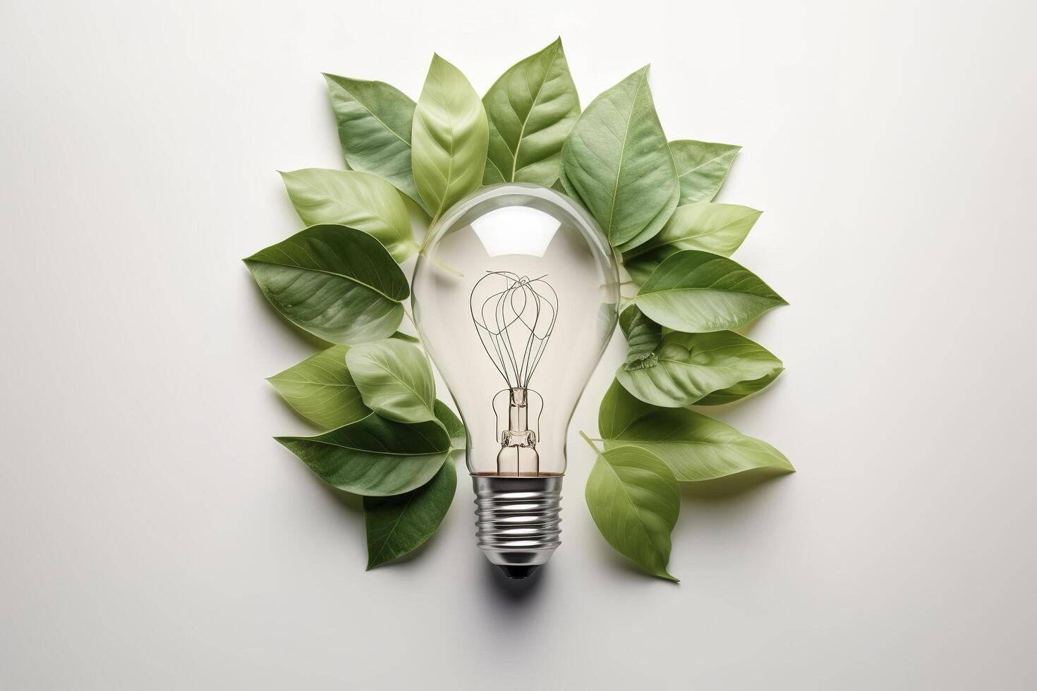 eco-friendly lampadina a partire dal fresco le foglie superiore Visualizza, concetto di rinnovabile energia e sostenibile vita, creato con generativo ai tecnologia foto
