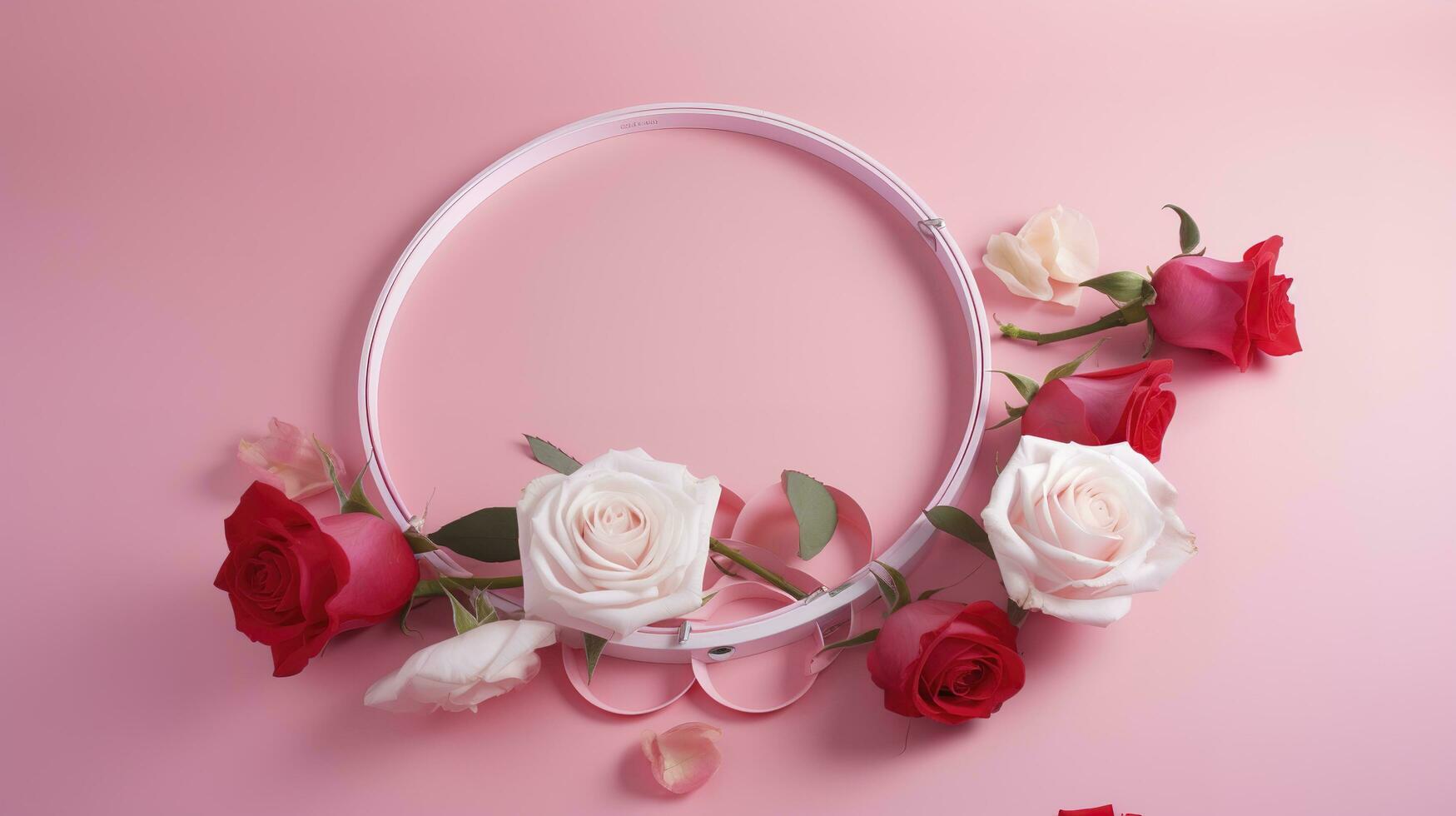 Da donna giorno concetto. superiore Visualizza foto di bianca cerchio rosa peonia rosa e cuore sagomato spruzzatori su isolato pastello rosa sfondo con copyspace, creare ai