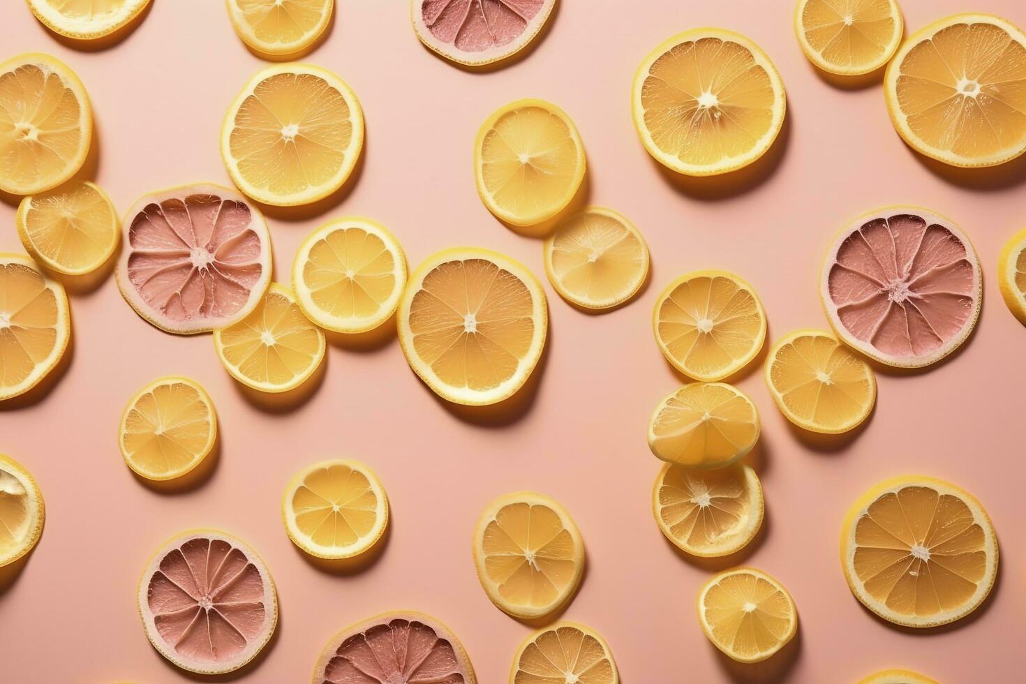 uniforme modello di secco Limone fette con ombra su un' rosa sfondo. piatto posizione, creare ai foto