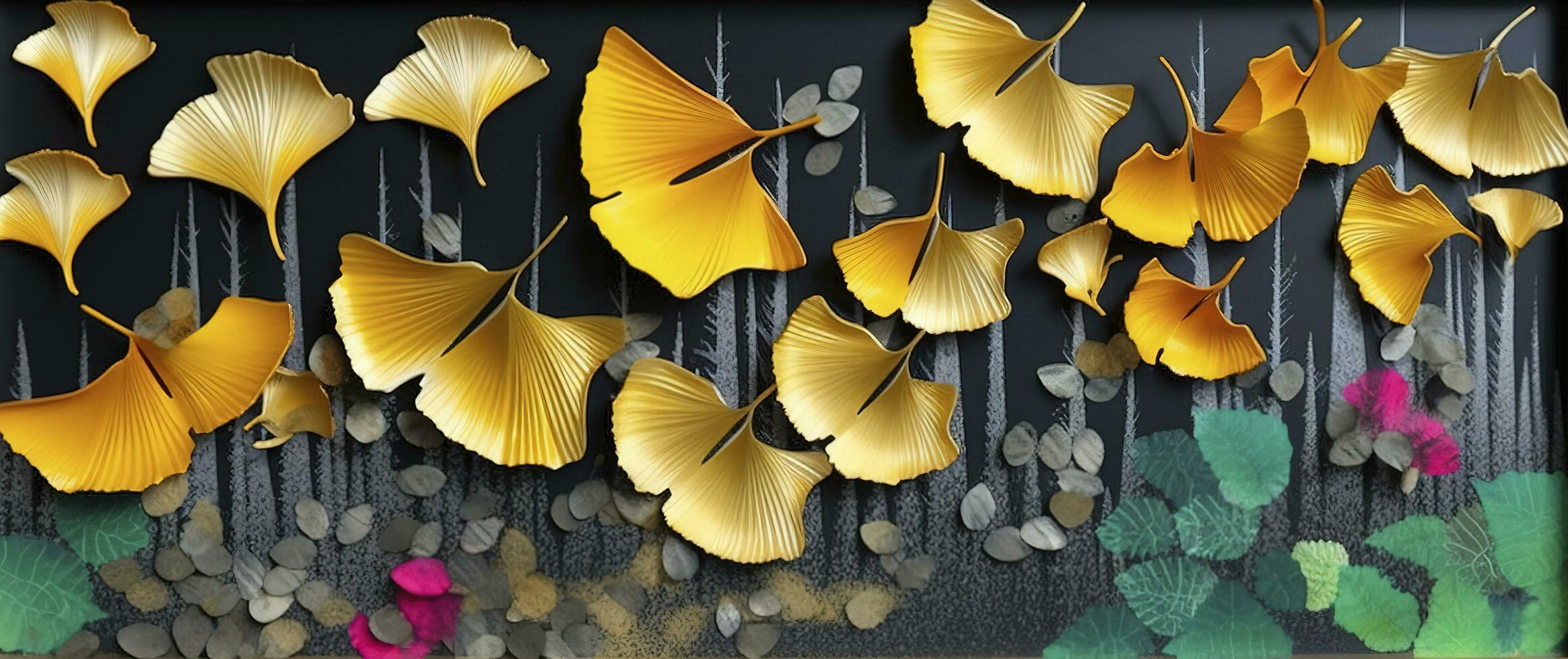 3d colorato illustrazione di ginkgo foglie, cervo, e le foglie nel buio sfondo. minimalista dipinto a mano tela arte parete telaio arredamento, creare ai foto